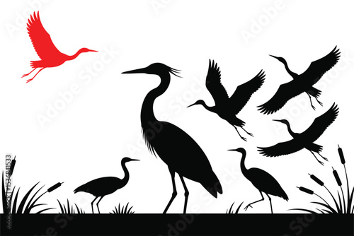 Silhouette of herons in flight and standing in marshland wildlife vector art