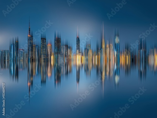 A stylized city skyline at night reflected in calm water with elongated light streaks creating an abstract, futuristic effect.