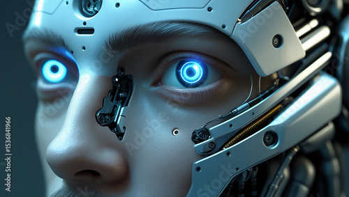 Futuristic cyborg face with glowing eyes and cybernetic implants