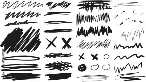 Collection of hand drawn scribbles lines circles crosses and abstract shapes in black and white colors
