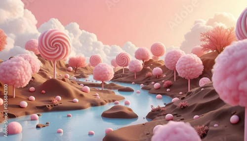 Candyland River. A Whimsical 3D Render of a Sweet Fantasy Landscape