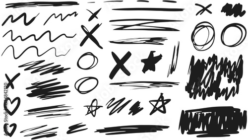 Collection of hand drawn black lines scribbles circles stars hearts and crosses on a white background