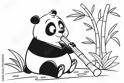 coloring page for kids, a chubby panda sitting down and eating bamboo, cute and simple, thick outlines, black and white, no shading