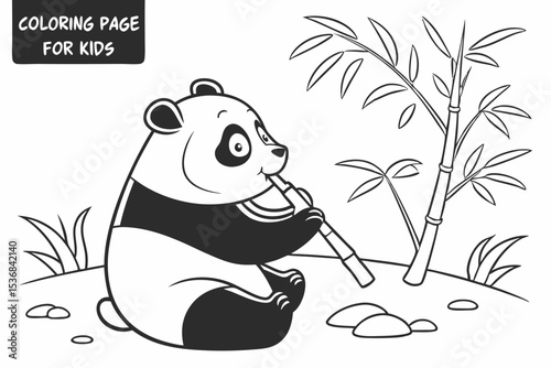 coloring page for kids, a chubby panda sitting down and eating bamboo, cute and simple, thick outlines, black and white, no shading