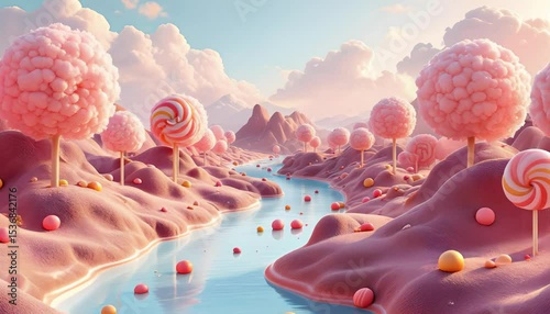 Candyland River. A Whimsical 3D Render of a Sweet Fantasy Landscape