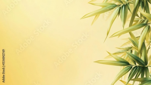 Soft yellow background with lush green bamboo leaves.