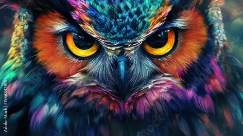 Vibrant, colorful owl portrait featuring intense yellow eyes, intricate feather details