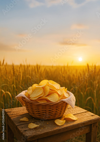 Potato Chips in Linen Basket on Rustic Crate in Wheat Field – Golden Hour Country Harvest Scene