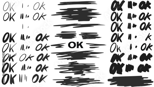 Collection of ok text variations and brush stroke elements in black and white design layout
