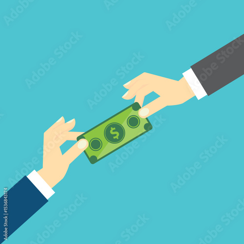 Hand Giving Money, Other Hand Takes The Money. Payment In Cash. Salary, Investment, Bribe And Donation Concepts