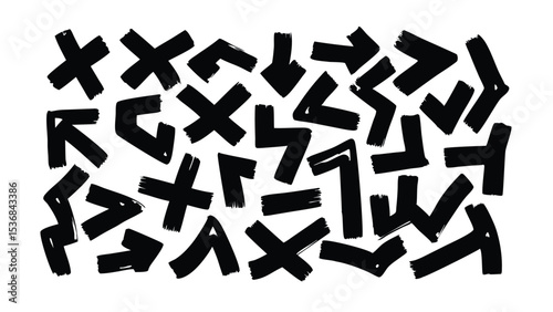 Collection of hand drawn black arrows and crosses in various directions on a white background artfully arranged
