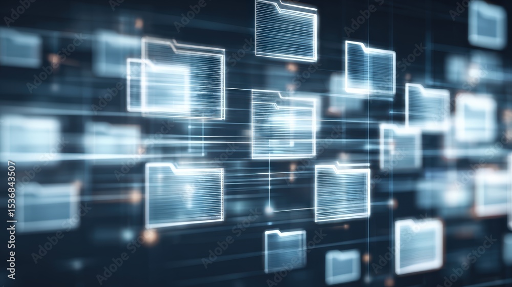 Obraz premium Abstract network grid with files and folders, futuristic software interface, digital document management system, store, search and organize documents, corporate business, paperless office 