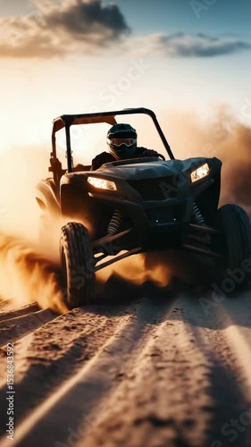Animation of ATV kicking up dust as it races across the sand in the desert 