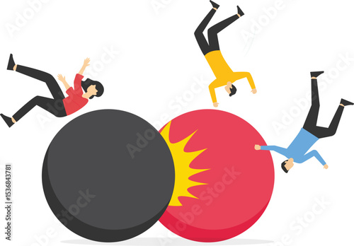 Two businessmen stand on the ball out of control and collide together, accident and conflict stock illustration

