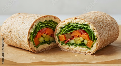 Sliced Hummus and Vegetable Wrap on Paper