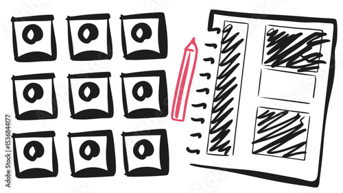 Illustration of a storyboard with thumbnail images, a pencil, and sketched panels on a notepad page