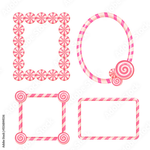 Pink candy cane Christmas frame template set with swirl accents