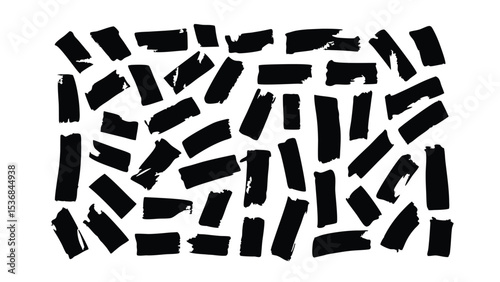 Collection of black brush strokes arranged randomly on a white background creating a dynamic pattern look
