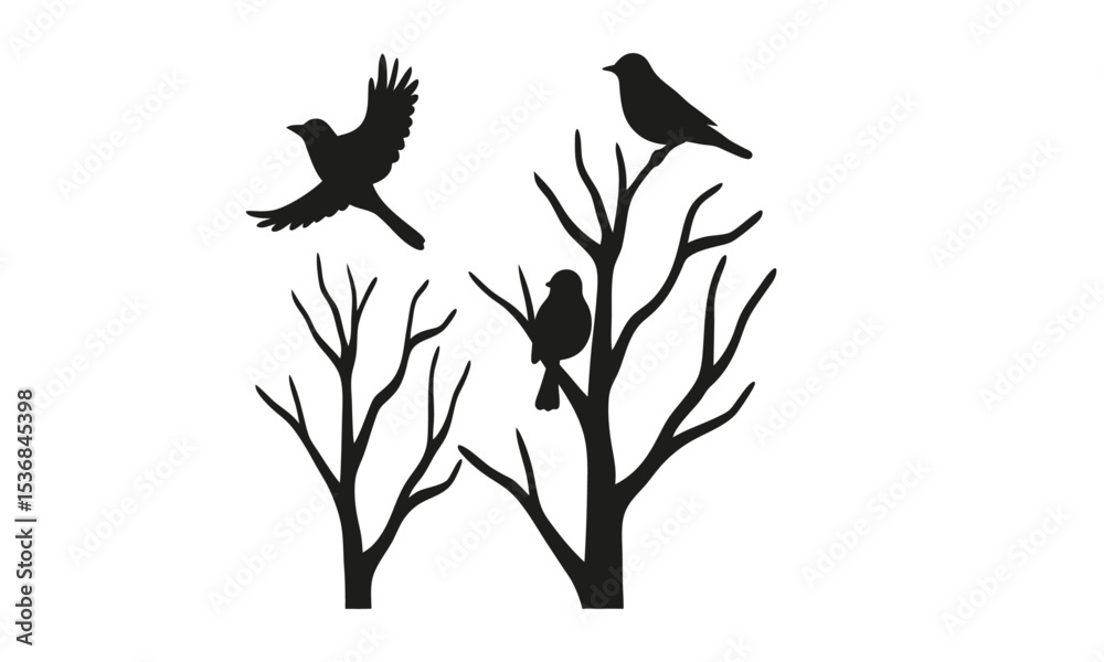 Fototapeta premium Elegant Bird Silhouettes on Bare Branches A Winter Scene Illustration