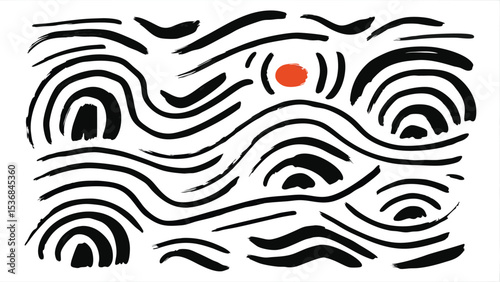 Abstract background with black brush strokes and a single red circle in the center design art