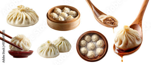 Set of Xiao Long Bao baozi, tangbao, soup dumplings, Chinese steamed bun, broth and meat filling, spoon chopstick, steam boil isolated on transparent cutout PNG. Many different Mockup template	
