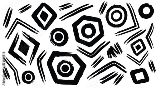 Hand drawn black geometric shapes including circles diamonds and hexagons on a white background design