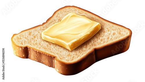 Golden slice of bread with a generous pat of butter resting on top, showcasing simplicity and comfort in an inviting culinary moment during breakfast.