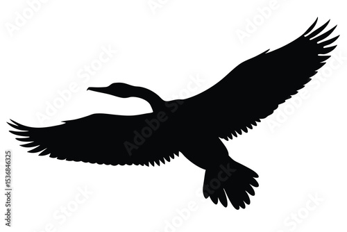 cormorant flying silhouette vector elements flying cormorant bird simple icon Illustration.