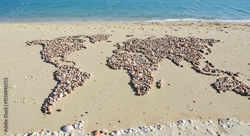 Seashells World Map on Sandy Beach
