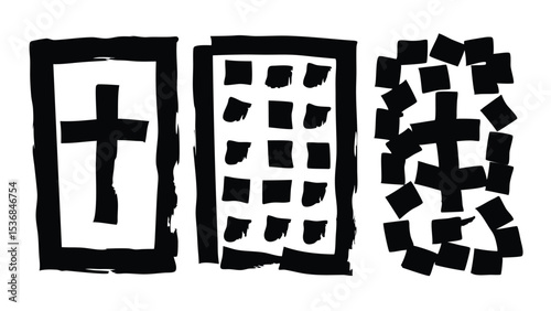 Three black and white abstract designs featuring crosses and square shapes in a row on white background