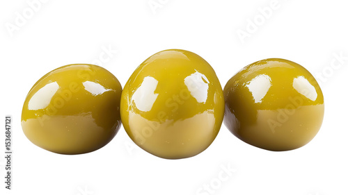 Delicious green olives glistening under soft light, evoking the essence of Mediterranean cuisine gathered on a white background.