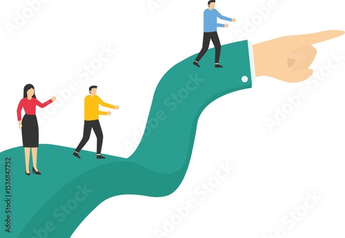 Business team walk on hand point and curved road. Business vector illustration concept stock illustration

