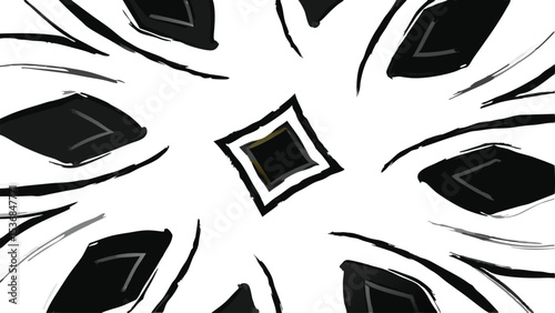 Abstract kaleidoscope pattern featuring black diamond shapes and brushstroke lines artfully arranged