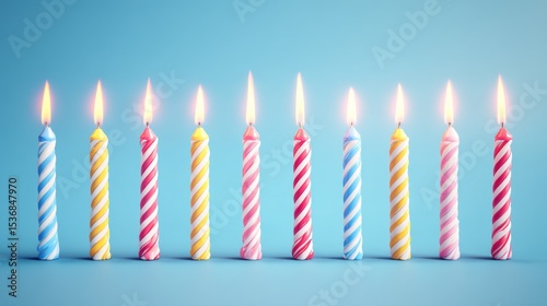 Ten lit birthday candles in a straight line against a light blue background, featuring spiral patterns with blue, yellow, pink, and red color combinations, bright flickering flames, 