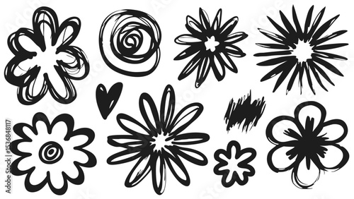Collection of hand drawn floral elements and abstract shapes in black and white ink style design set