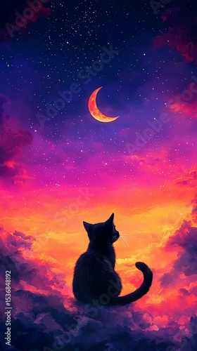 Dreamy Night Cat Wallpapers Cat gazing at a colorful sunset with a moon. Celestial Feline Aesthetic Whimsical Pet Skyscapes