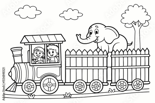 coloring page for kids, a cute zoo train full of happy children, passing by the elephant enclosure, thick outlines, black and white