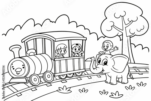 coloring page for kids, a cute zoo train full of happy children, passing by the elephant enclosure, thick outlines, black and white