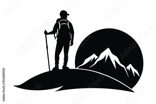 Sunrise View with Hiker on Mountain Silhouette Vector Art Perfect for Hiking and Travel