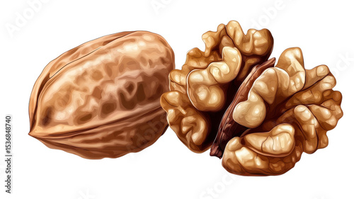 Crunchy walnuts paired with a single whole walnut showcasing their earthy textures and rich colors in an artistic representation of natural snacks.