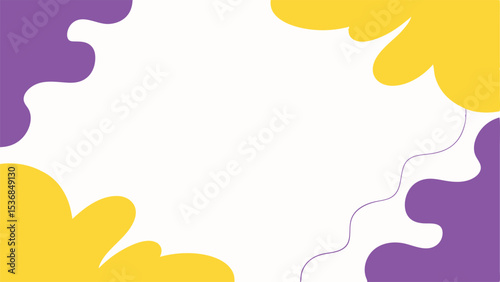 Abstract background with yellow and purple organic shapes and a wavy line on a white backdrop