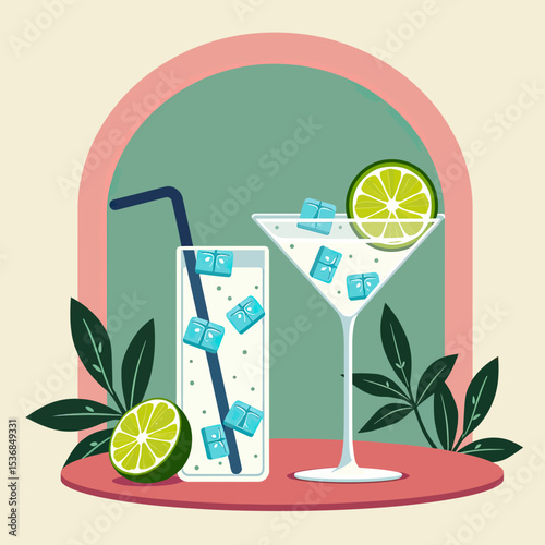 A chic flat illustration of a martini and a highball cocktail with ice and lime, set on a table with plants and a pastel arch, perfect for a summer party menu.

