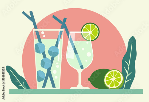 A modern flat design of two refreshing summer cocktails with lime and ice cubes, placed next to lush tropical leaves for a fresh, botanical bar or menu theme.
