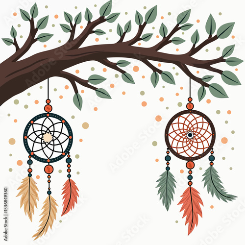 A lovely illustration of two bohemian dreamcatchers with intricate webs and feathers hanging from a tree branch, symbolizing spiritual harmony and peaceful dreams.
