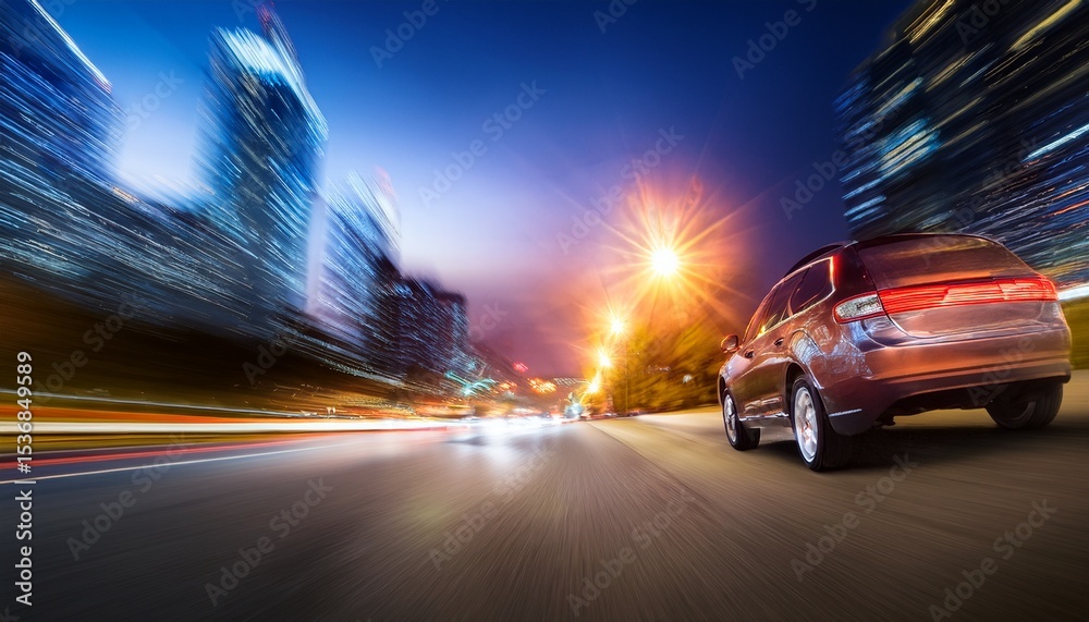 Fototapeta premium blurred motion of car with bokeh from city lights creating vibrant nighttime atmosphere