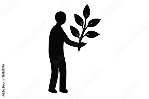 Silhouette of Man Holding Plant Vector Illustration for Nature Growth Concept