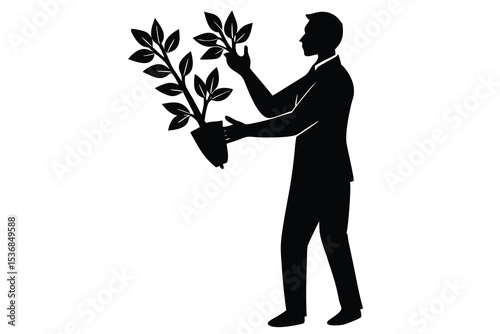 Silhouette of Man Holding Plant Vector Illustration for Nature Growth Concept