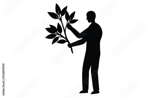 Silhouette of Man Holding Plant Vector Illustration for Nature Growth Concept