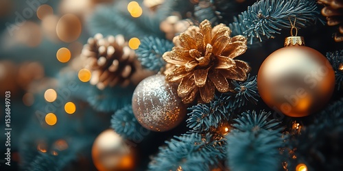 Elegant Gold Christmas Tree Ornaments and Pine Cones photo