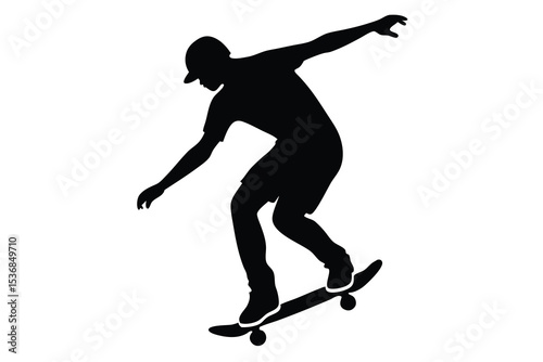 Skateboarder Silhouette Vector Illustration of Male Performing Trick on Skateboard
